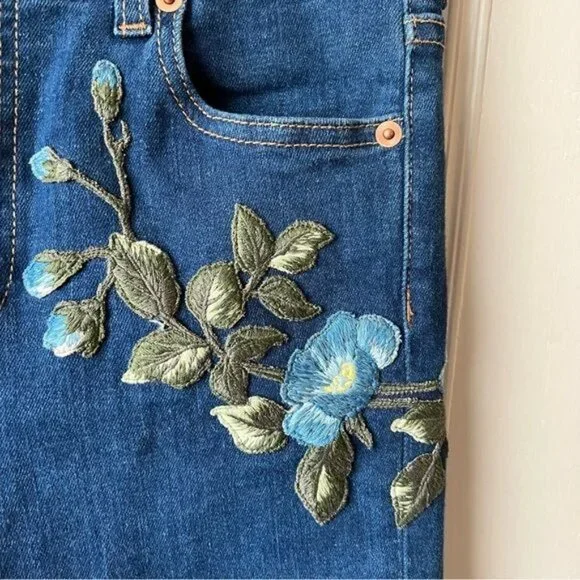 Gucci Floral-Embroidered Stretch Denim Jeans